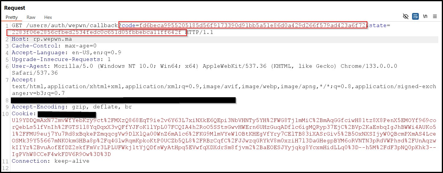 Intercepting the redirect - screenshot showing the intercepted redirect URL