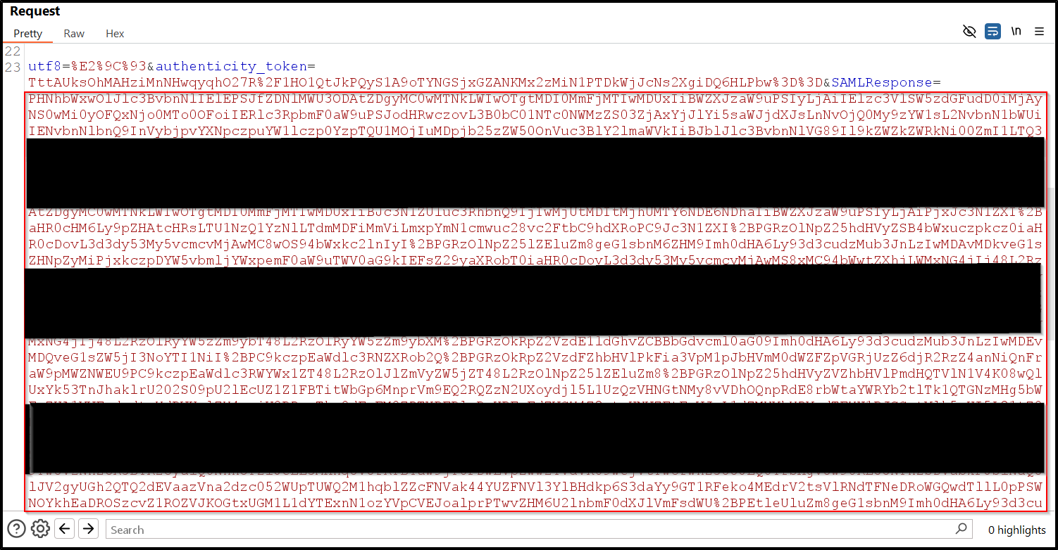 Intercepting SAMLResponse - screenshot showing the intercepted response in a proxy tool